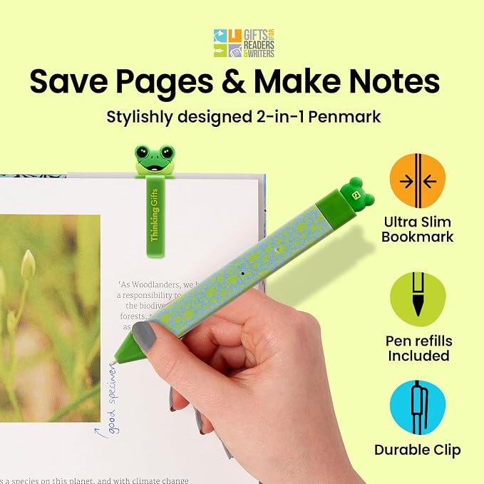 Gifts for Readers & Writers Pen Bookmark, Page Marker & Flat Writing Pen for Journal Notebook & Planner, Penmark Reading Accessory for Making Book Annotations, Frog