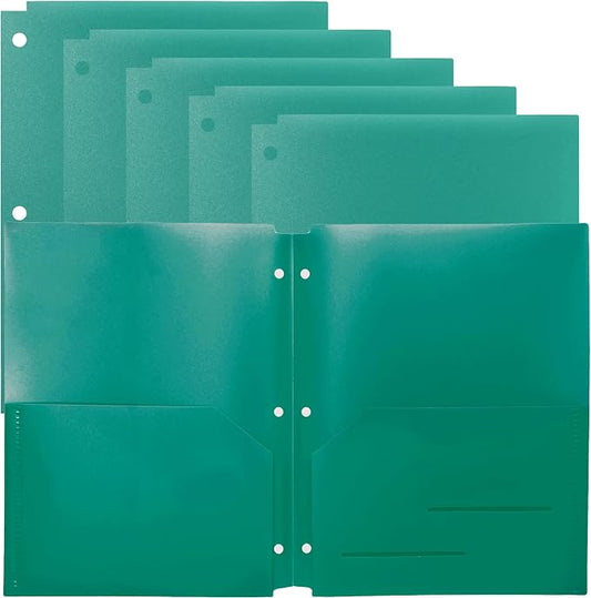 Youngever 6 Pack Heavy Duty Plastic Two Pocket Folders, Binder Dividers with Pocket, 3 Hole Punch Folder with Notches, Binder Folders (Green)