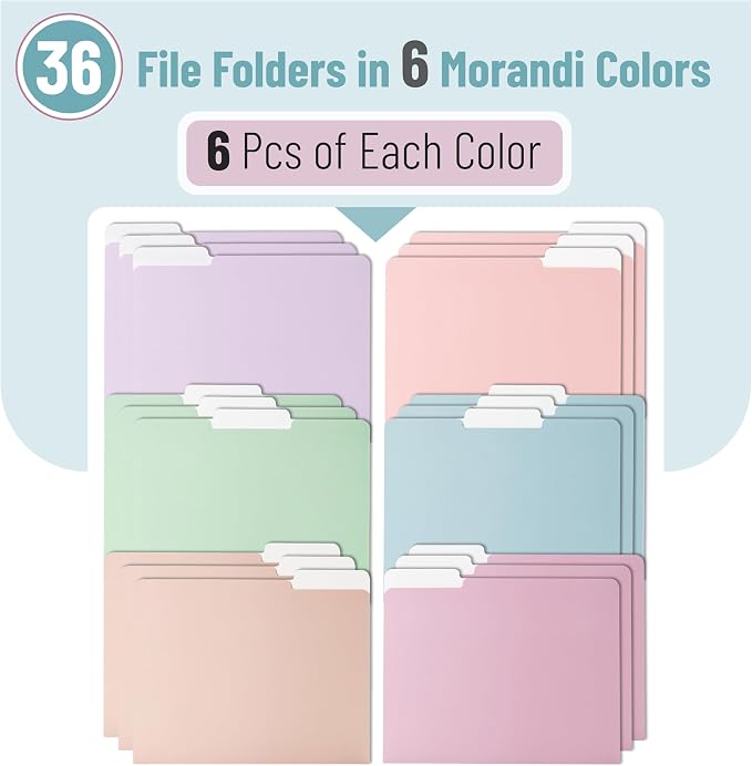 Mr. Pen- Poly File Folders with Tabs, 1/3 Cut Tab, 36 Pack, Letter Size, Morandi Colors, Plastic File Folders Letter Size (8.5 x 11 inches) for Office, School, Business, Documents Files Paper