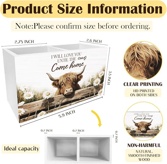 Farmhouse Daisy Highland Cow Pen Holder for Desk, Highland Cow Gifts Pencil Organizer, Rustic Floral Heifer Wooden Box Sign Desk Decor for Kids Girls Room Nursery Decoration