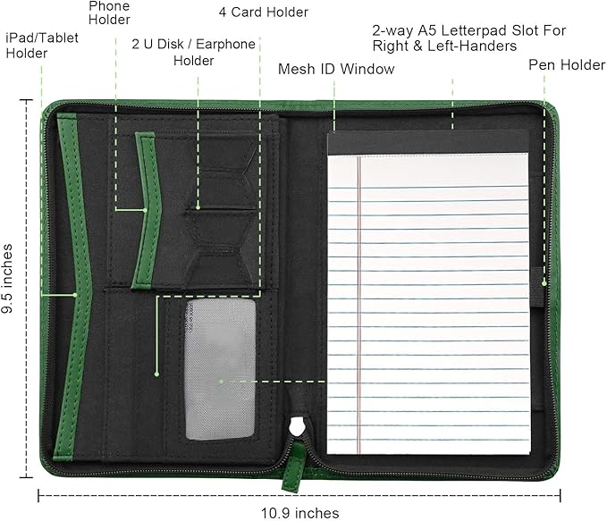 Junior Padfolio/Resume Portfolio Binder with Refillable Lined Notepad, A5 Padfolio Folder, Business Portfolio, Multi-Function Case, A5 Writing Pad Included, Dark Green