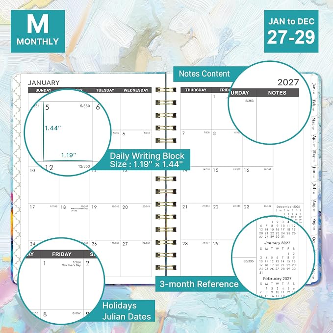 2027-2029 Monthly Planner/Calendar - 3 Year Monthly Planner 2027-2029, January 2027 - December 2029, 6.3" x 8.4", 36 Monthly Planner with Tabs, 29 Notes Pages, Hardcover, Inner Pocket - Oil Painting