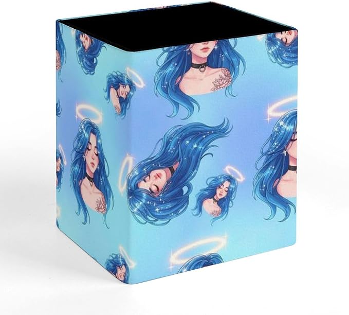 Pen Holder Square Leather Pencil, Holder Cup Makeup Brush Storage Organizer, Waterproof Multifunctional Office Supplies Women Goddess Blue Hair Cosmic Aura