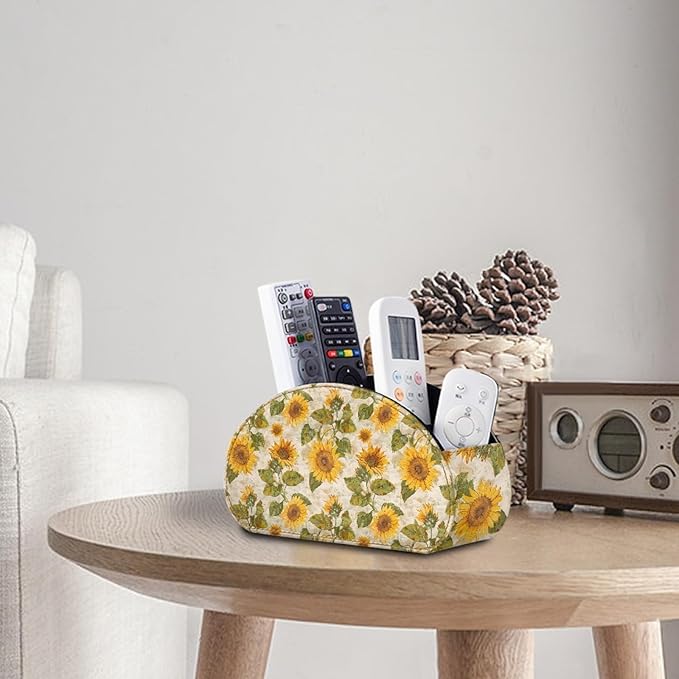 FUSURIRE Remote Control Holder with 5 Compartments, Vintage Sunflower Print Desktop Caddy Storage Supply Organizers for Remote Controllers,Office Supplies,Makeup Brush,Media Accessories