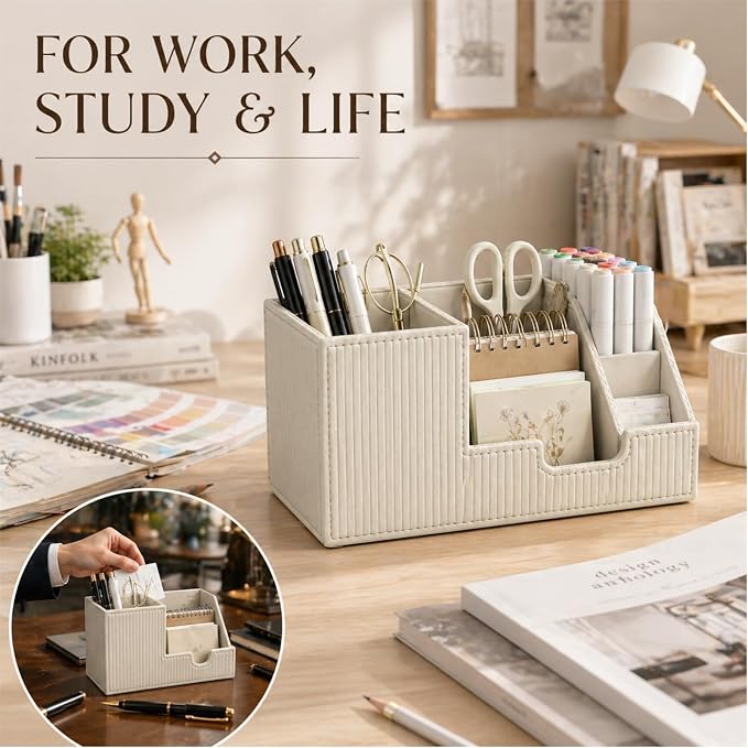 Desk Organizer Pen Holder, Aesthetic Striped White Small Organizer, Multi Slot Pencil Holder For Desk Office Desktop Stationery & Remote control Storage