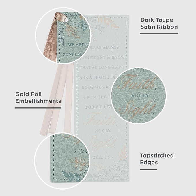 Christian Art Gifts Teal Faux Leather Floral Bookmark for Women: Walk by Faith - 2 Corinthians 5: 6-7 Inspirational Bible Verse, Heat-Debossed & Gold Accents with Taupe Satin Ribbon Reading Accessory