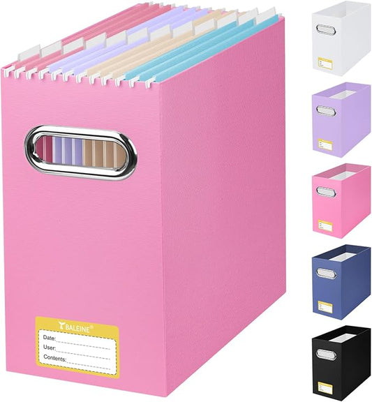 BALEINE File Organizer Box, Cardboard File Folder Organizer with Handle for Letter Size, Portable Collapsible Hanging Filing Box for Home Office Document Storage (1 Pack, Pink)