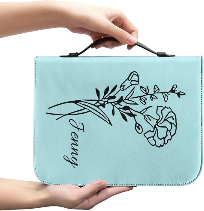 Personalized Bible Cover with Birth Flower, Custom Bible Cover Case for Women Girls, Large Capacity Scripture Bag with Handle