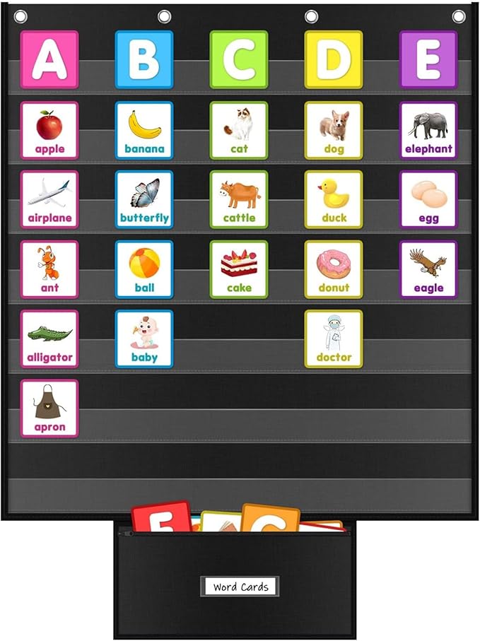 Standard Pocket Chart for Classroom 28"x28" Large 7 Pocket Charts with Card Storage Bag Sentence Strip Holder for Word Wall, Sight Words, Cards, Calendar, Daily Visual Schedule (Black)