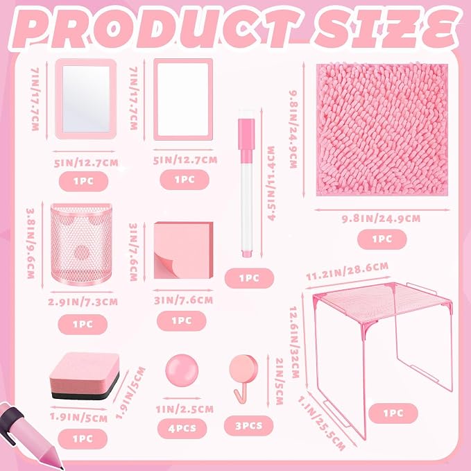 Demonwer Locker Accessories With Locker Shelf Locker Mirror Magnetic Pen Holder Sticky Note Whiteboard Mat Pink Locker Organizer for Work Mesh Metal Shelf Accessories Kit for School Office Supplies