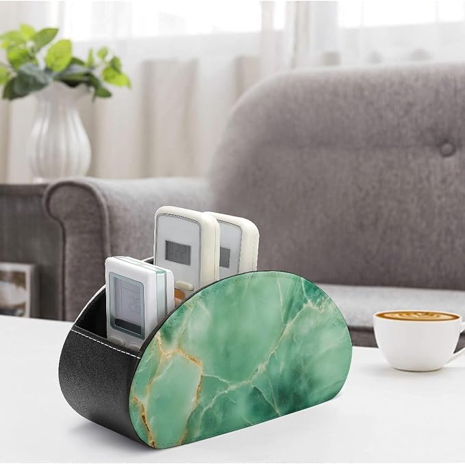 Marble Jade Stone Remote Control Holder with 5 Compartments Leather TV Remote Caddy Remote Storage Box Desktop Organizer for Pen/TV Remotes/Media Controllers/Office Supplies