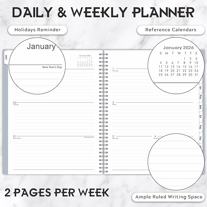 2026 Planner - January 2026 - December 2026, 9" x 11" Weekly Monthly Planner 2026, Tabs, Spiral Bound, Back Pocket, Gray