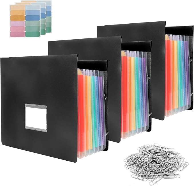 3 Packs Plastic Expanding Hanging File Folders with 3 Sheets Sticky Notes & 100 Paper Clips 7 Innovative Accordion Pockets, Large Capacity, Multi-Color Tabs for Filing Cabinet
