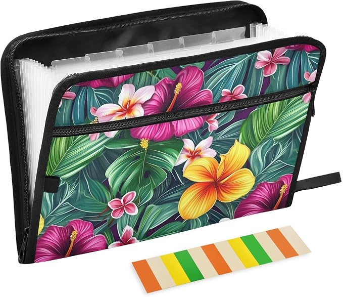 13 Pockets Expanding File Folder Hawaii Floral Palm Leaves Accordion File Organizer A4 Letter Size Paper Document Storage Zipper Expandable Folders with Labels