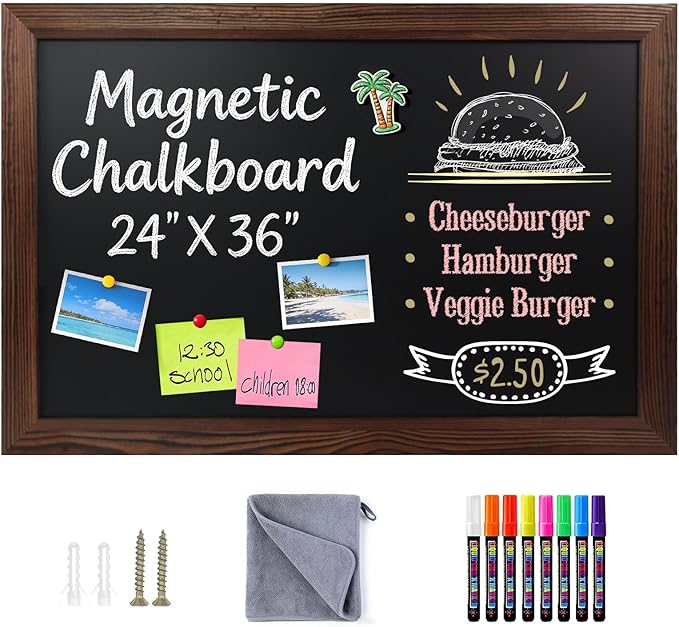Magnetic Chalkboard for Wall, 24 x 36 Inch Solid Wood Framed Brown Magnetic Board, Wall Mounted Chalk Board for Kitchen, Restaurant, Food Truck and Calendar Board