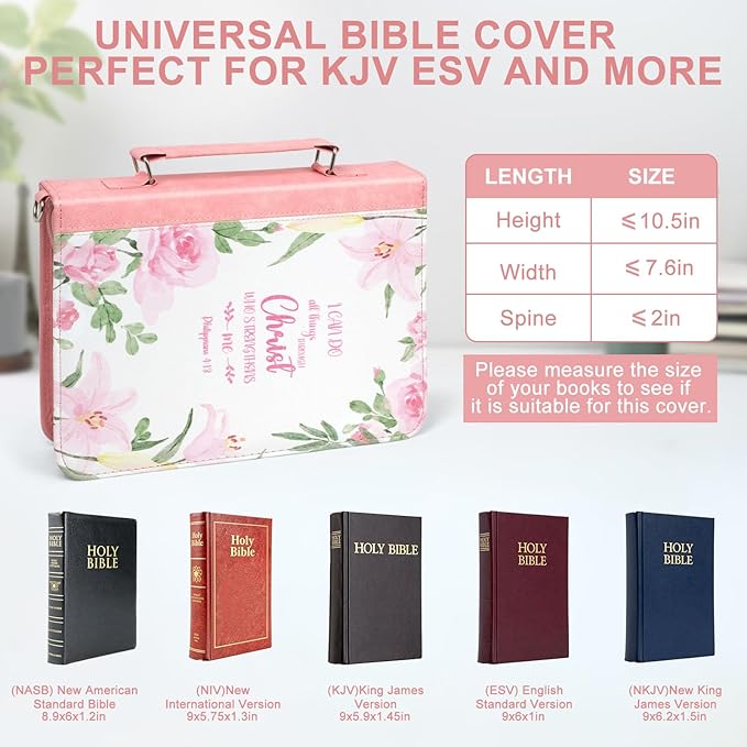 Bible Cover Case for Women PU Leather Bible Bag, Portable Holder Carrying Case with Study Supplies Storage, Christian Church Bag, Bible Journaling Kit Christian Gifts for Women and Girl (Pink)