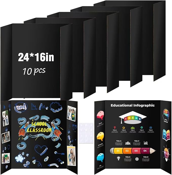 Black Trifold Poster Board 10 Pack, IKAYAS 24" X 16" Double Sided Poster Boards, Science Fair Display Boards Presentation Boards for Mounting, Prints,Art,Display,Projects Classroom Supplies