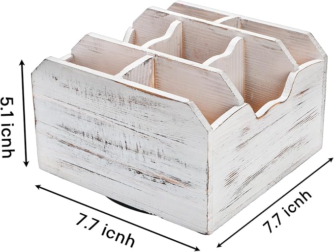 yarlung Vintage Rotating Remote Control Holder, Shabby Chic White Wooden Office Supplies Organizer 7 Compartments, 360° Rotation Multipurpose Storage Caddy for Pens, Art Supplies, TV Media
