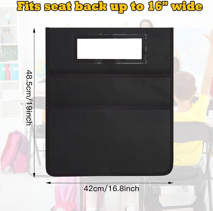 12 Pack Black Chair Pockets for Classrooms, Chair Pocket with 3 Heavy Duty Storage Pocket, Chair Back Buddy Pocket with Name Tag Slot, Ideal Back to School Supplies, Classroom Must Haves (Black)