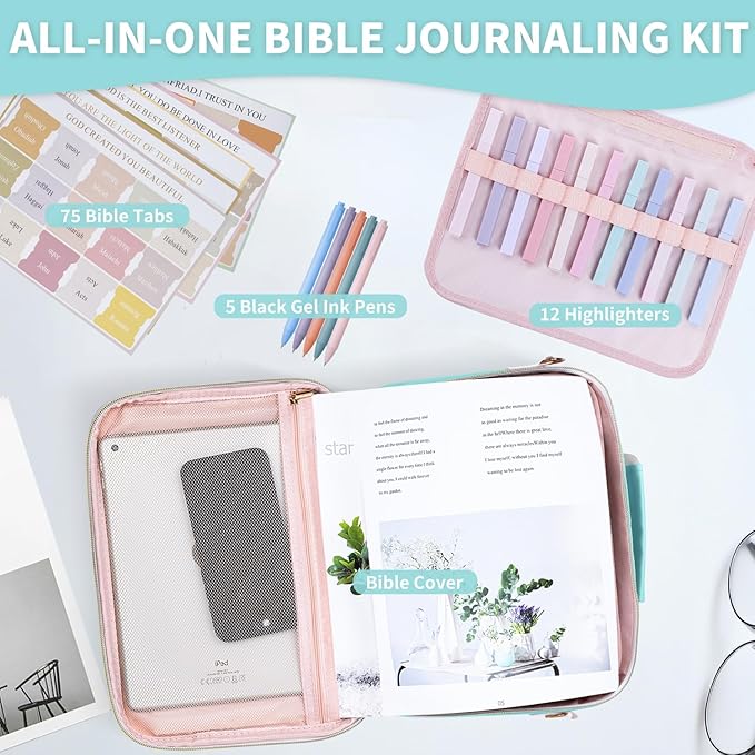 KOPKOFT Bible Cover Case for Women, Large Chenille Letter Leather Bible Case with Bible Study Accessories, Bible Study Supplies Bible Journaling Kit, Christmas Christian Gift for Women Girls