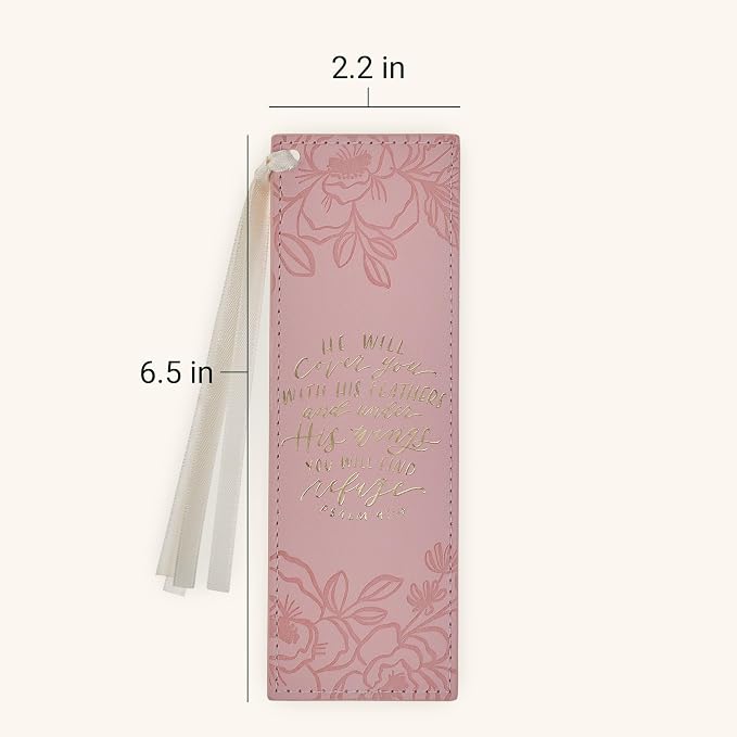 Christian Art Gifts Premium Vegan Leather Inspirational Scripture Bookmark for Women: Under His Wings Encouraging Bible Verse, Satin Ribbon, Reading Accessory for Books, Bibles, Pink & Gold Floral