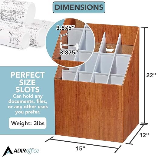 Adir Corp. 627 Upright Roll File Corrugated Box with 12 Slots, Walnut Wood Grain