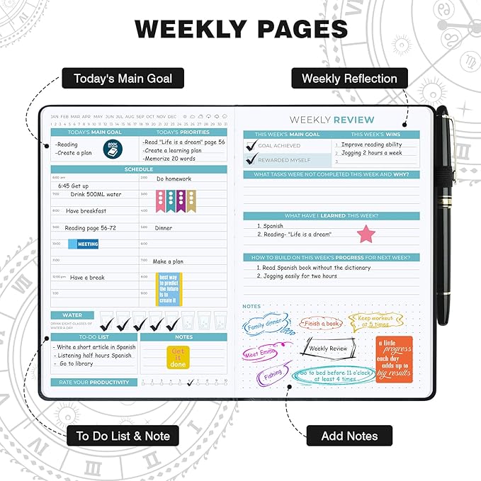 Undated 12 Month Planner Hardcover (5.5x8.5") - Weekly & Monthly Academic Life Organizer, Productivity Journal, Thick Paper, Sticker, Bookmark, Pen Loop(BLack)