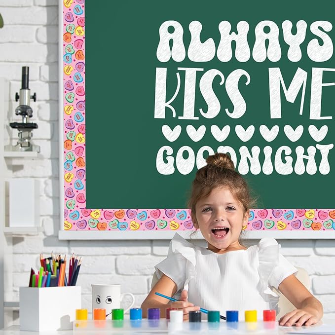 JarThenaAMCS 66Ft Valentine's Day Bulletin Board Border Conversation Heart Border Trim Self Adhesive Colorful Heart Bulletin Board Stickers for School Classroom Chalkboard Wall Party Decor