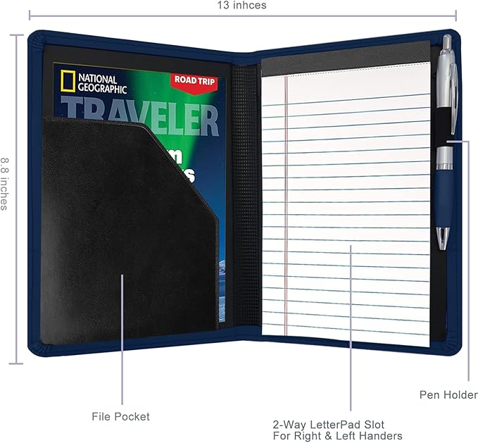 Classic Padfolio/Junior Portfolio Folder Case, Business A5 Binder Organizer Notepad for Men Women, 5 x 8 Writing Pad Included, Navy Blue