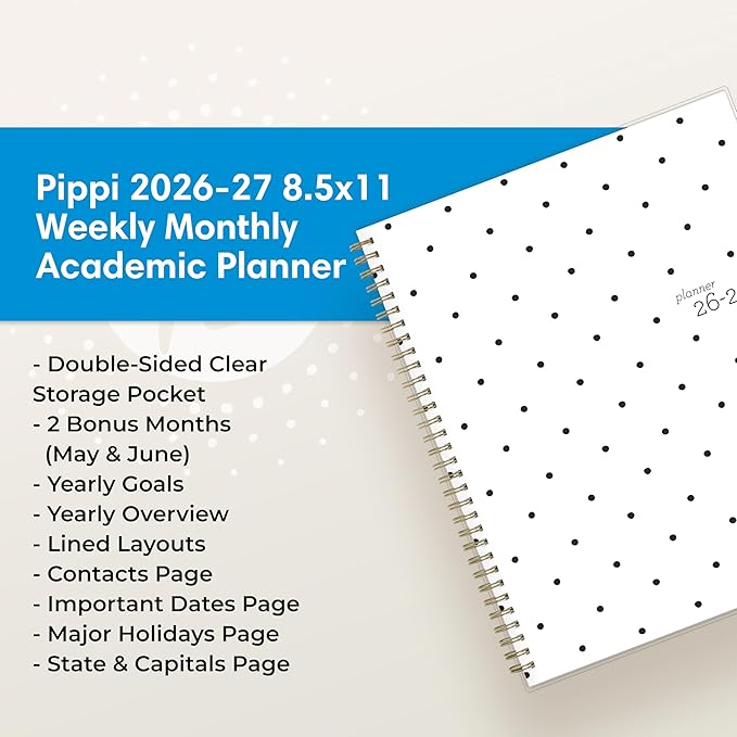 Blue Sky 2026-2027 Weekly and Monthly Academic Year Planner Calendar, July 2026 - June 2027, 8.5" x 11", Flexible Cover, Wirebound, Laminated Tabs, Storage Pocket, Pippi