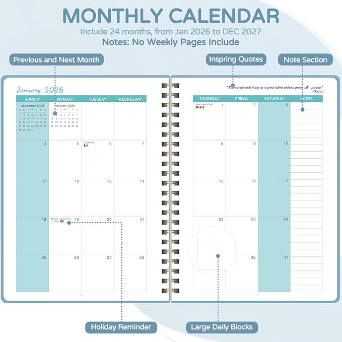 Monthly Planner 2026-2027, 2 Year Calendar 2026-2027 (Jan 2026 - Dec 2027), 7" x 10", 26-27 Monthly Calendar Planner, 24-Month Planning Book for Home School Office Supplies