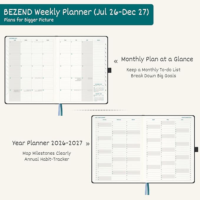 BEZEND Weekly Planner 2026-2027 (8.5" x 11") Horizontal Layout Notebook (Jul 26-Dec 27) 18 Months Academic Calendar & Monthly Tabs, Ideal for Students, Work & Home, PU Leather Hardcover -Olive