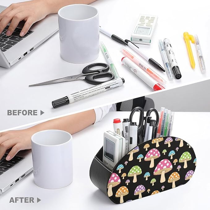 PU Leather Remote Control Caddy, 5-Slot Organizer for Bedside Table, Office Desk, and Living Room with Media Storage, Colorful Neon Mushroom