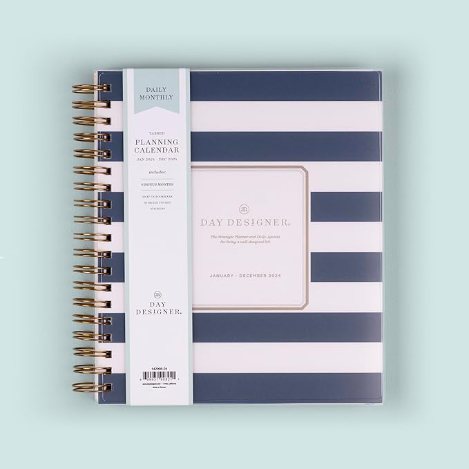 Blue Sky Day Designer 2024 Daily and Monthly Planner, 8" x 10", Frosted Cover, Wirebound, Navy Stripe (142098-24)