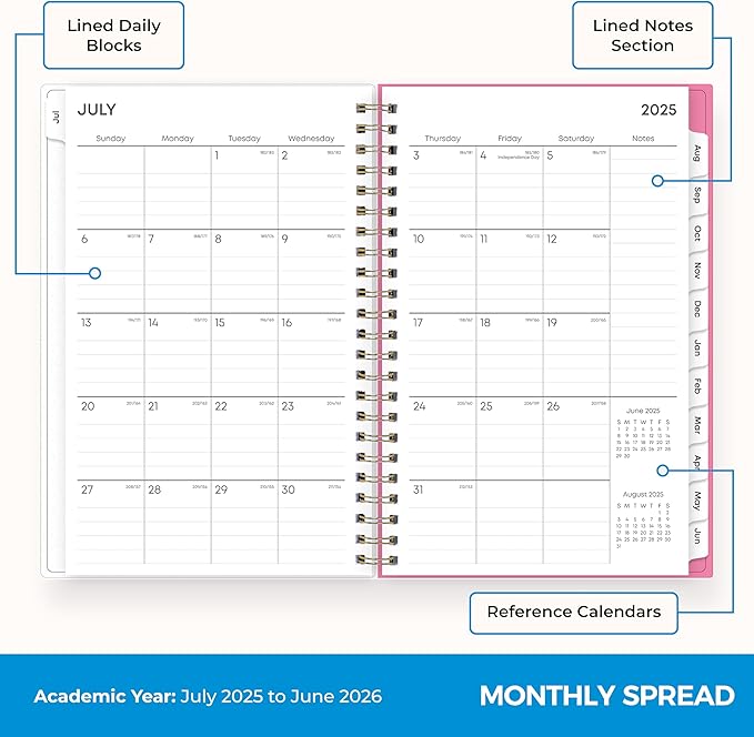 Blue Sky 2025-2026 Weekly and Monthly Academic Year Planner Calendar, July 2025 - June 2026, 5" x 8", Flexible Cover, Wirebound, Laminated Tabs, Roosevelt Pink