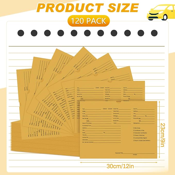 Watersay 120 Pcs 9 x 12 In Vehicle Dealer Jackets for Car Sales 32lb Colored Printed Deal Envelopes Dealership Supplies File Jackets Automotive Folders for Car Dealerships (Classic,Cowhide Yellow)