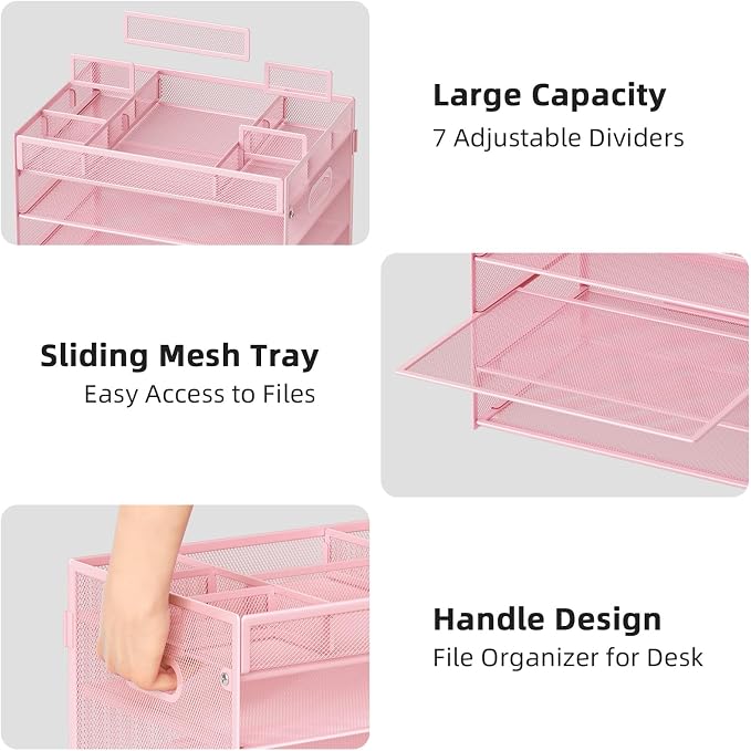 Marbrasse 5 Tier Paper Organizer Letter Tray, Mesh Desk File Organizer with Handle, Paper Sorter Desk Organizer for Home Office Supplies - Pink, Adjustable