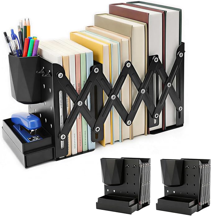 2 PCS Adjustable Bookends,19" Metal Book Ends for Heavy Books with Removable Pen Holder, Tray, and 4 Hook-up, Book Shelf Holder for Office, School, Bookstore, cookbooks
