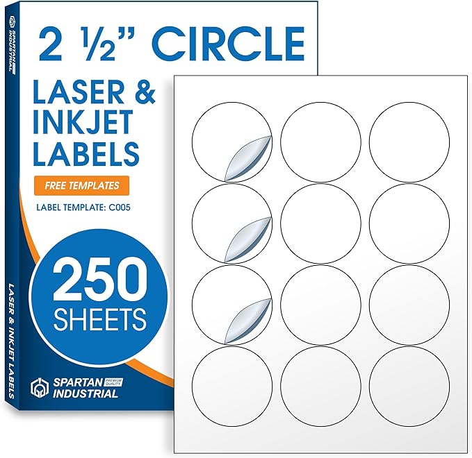 2.5" Printable Round Labels for Laser and Inkjet Printers - 3000 Blank Labels, 250 Sheets for Business Logos, Thank You Stickers, Price Tags, QR Codes - Spartan Industrial Template C005
