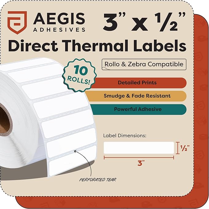Aegis Adhesives - 3" X 0.5" Direct Thermal Labels (28800 Count, 12 Rolls) - Inventory Barcode Stickers, SKU Labels, and Shelf Identification - Compatible with Zebra and Rollo Printers