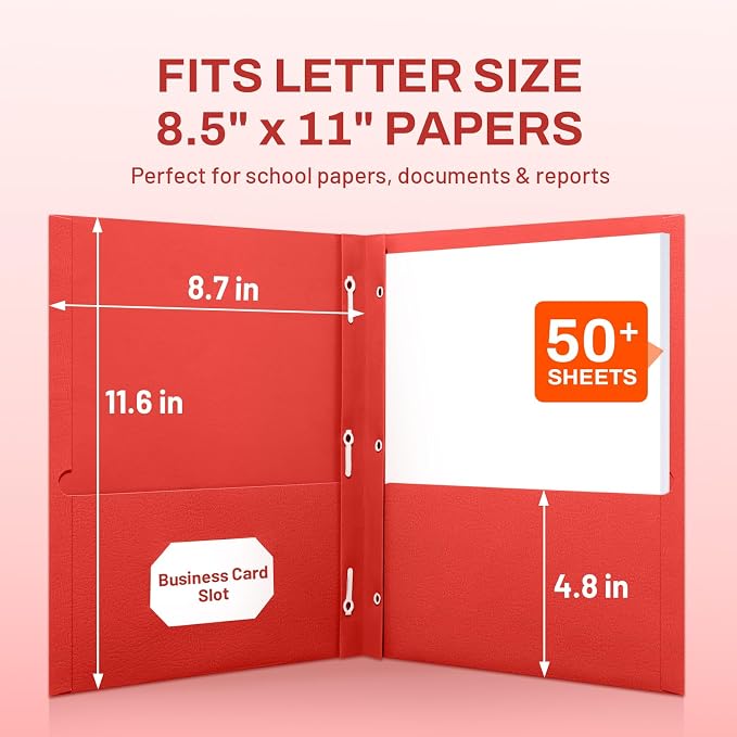 SUNEE 2 Pocket Folders with Prongs (100 Pack, Red), Paper Folders with 2 Pockets and 3 Prongs Fit Letter Size Paper, Folders with Prongs for School Office Home Business
