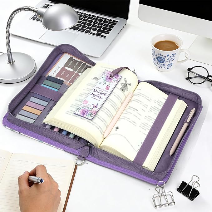 Bible Cover Case for Women PU Leather Bible Bag, Portable Holder Carrying Case with Study Supplies Storage, Christian Church Bag, Bible Journaling Kit Christian Gifts for Women and Girl (Purple)