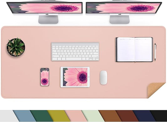 AFIING Large Desk Mat 47.2" x 17.5", Leather Desk Pad Protector with Natural Cork & PU Leather, Non-Slip Office Desk Mat, Double-Sided Mouse Pad, Waterproof Large Desk Pad for Office and Home (Pink)