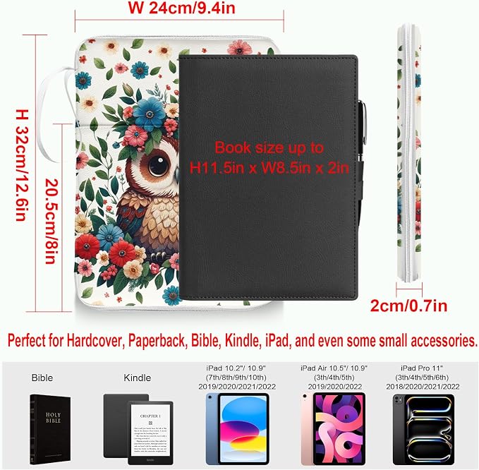 Owls Book Sleeve Book Pouch, PU Leather Waterproof Kindle Pouch, Cute Book Protector Case with Zipper, 12.6"x 9.4" Print Portable Book Cover Bag for Book Lovers Gifts Paperbacks Bibles