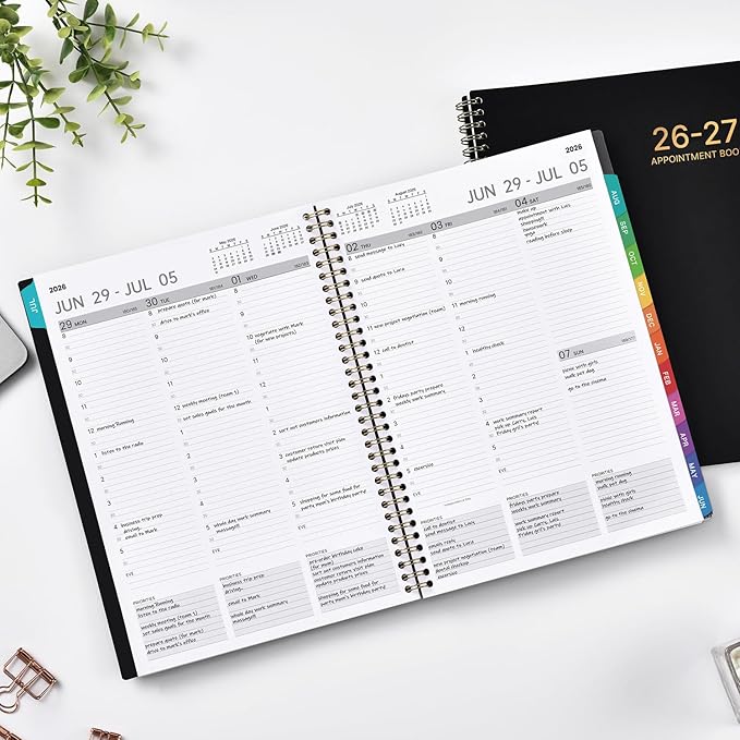 Appointment Book 2026-2027 - Planner 2026-2027, 9" x 11", July 2026 - June 2027, Daily Hourly Planner with 30-Minute Interval, Weekly & Monthly, Colorful Monthly Tabs, Inner Pocket - Black