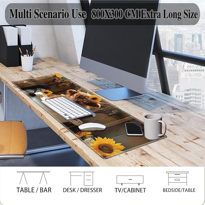 Mouse Pad Gaming Mousepad 31.5x11.8 Inch XXL Large + Coasters,Desk Mat with Stitched Edges, Non-Slip Rubber Base, Thick Mouse Pad for Computer, Laptop, Office & Home - Highland Cow Sunflower