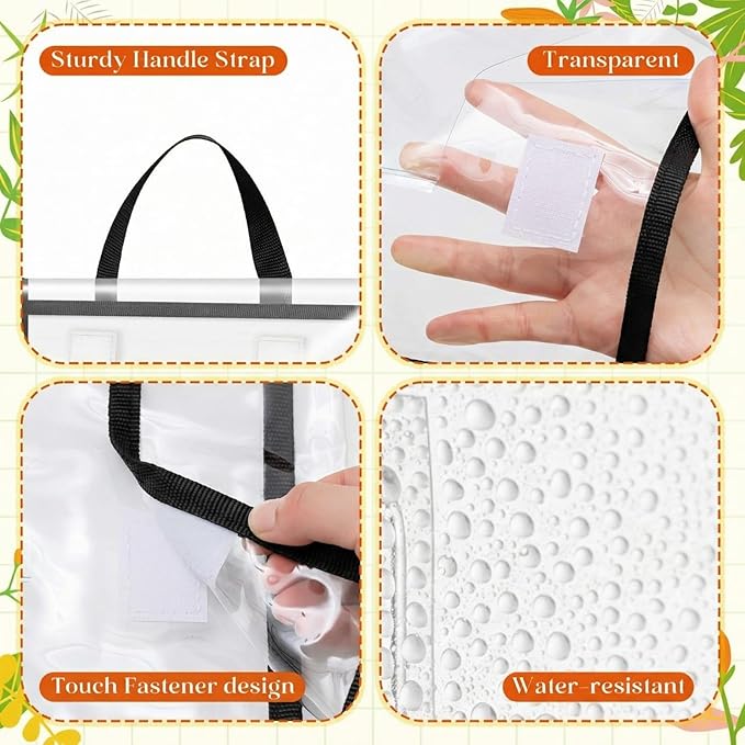 Teling 24 Pack Thick Clear Book Pouches with Blank Name Tags and Handles Book Baggies Bags Bins Organizer for School Classroom Library Pockets Students (14 x 11 Inch,Black)