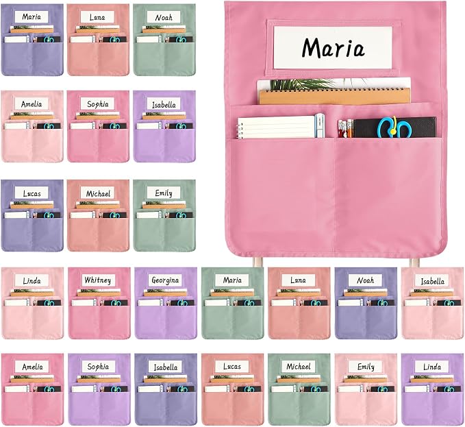 gisgfim 24 Pcs Chair Pockets for Classroom 16.7 x 19.3 Inch s with Name Tag Chairback 3 Pockets Chairs Seat Back Organizer for Elementary School Daycare Home Supply (Pastel Pink)