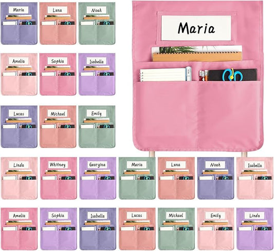 gisgfim 24 Pcs Chair Pockets for Classroom 16.7 x 19.3 Inch s with Name Tag Chairback 3 Pockets Chairs Seat Back Organizer for Elementary School Daycare Home Supply (Pastel Pink)
