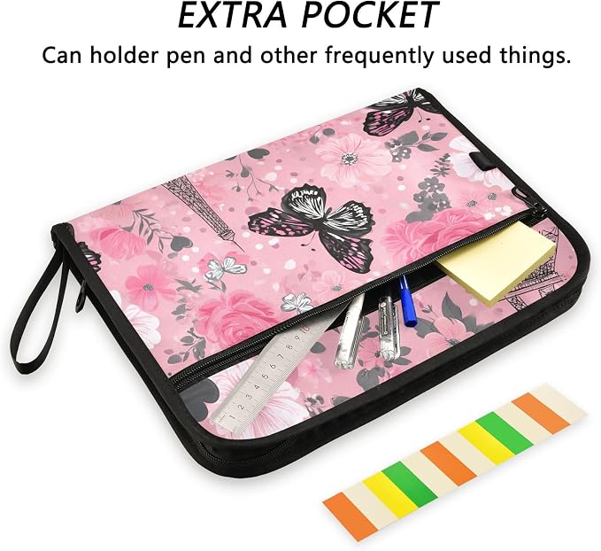 Expanding File Folder Butterfly Rose Eiffeltier Tower Paris France Accordion File Organizer 13 Pockets Document Organizer with Zipper Labels A4 Letter Office Storage